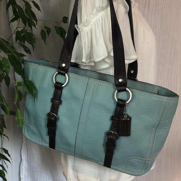 Coach Handbags - Vintage COACH pebbled leather light blue & brown double handles satchel bag